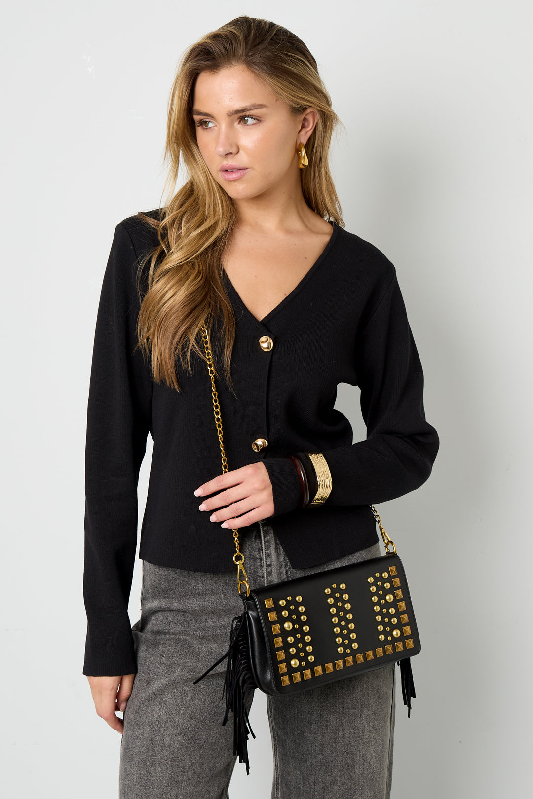 Tas zwart studs/franje