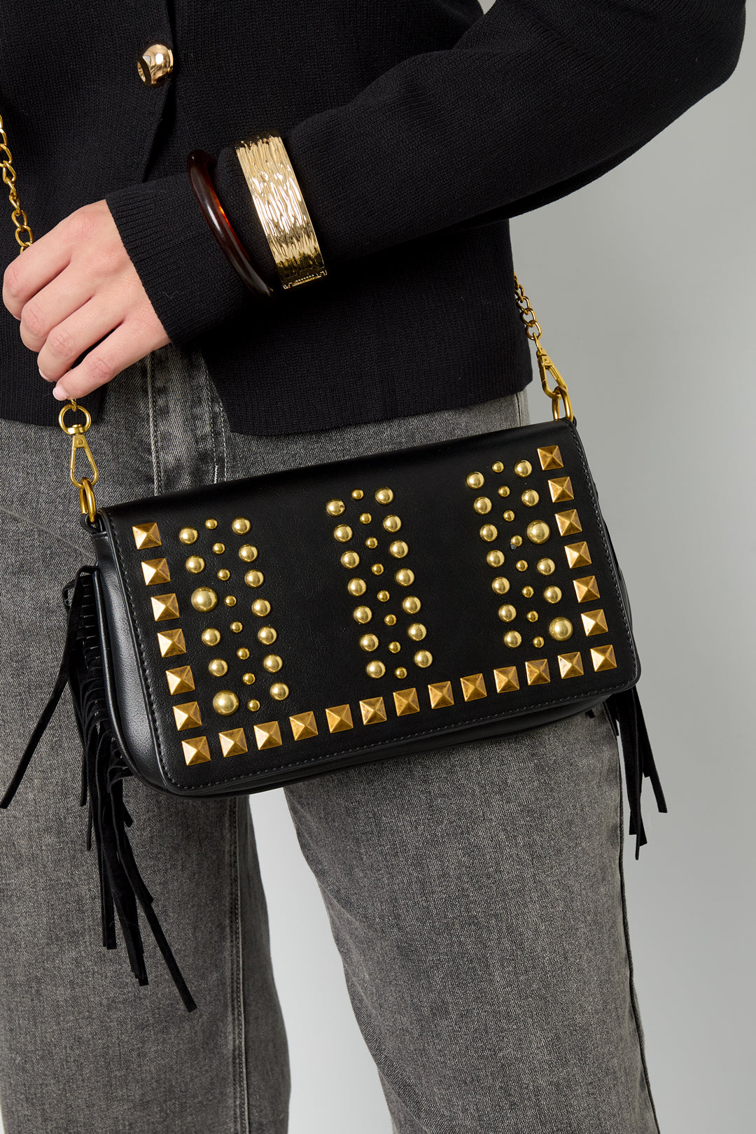 zwarte tas studs franje fringe