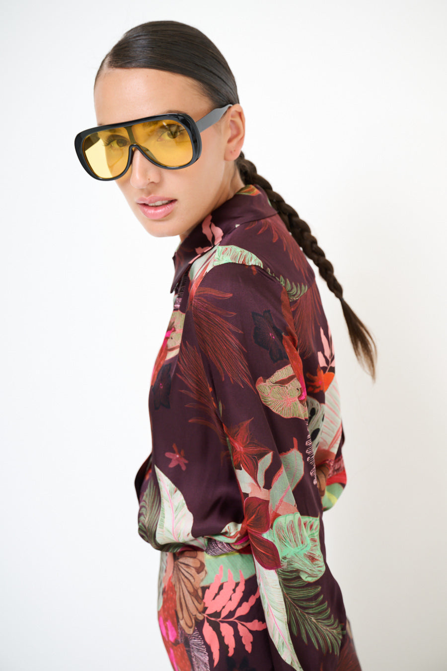 Cherry blue tropical print blouse dark magenta