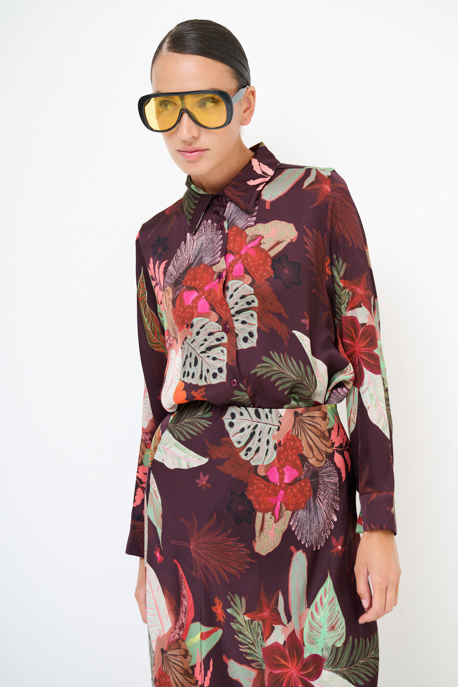 Cherry blue tropical print blouse dark magenta