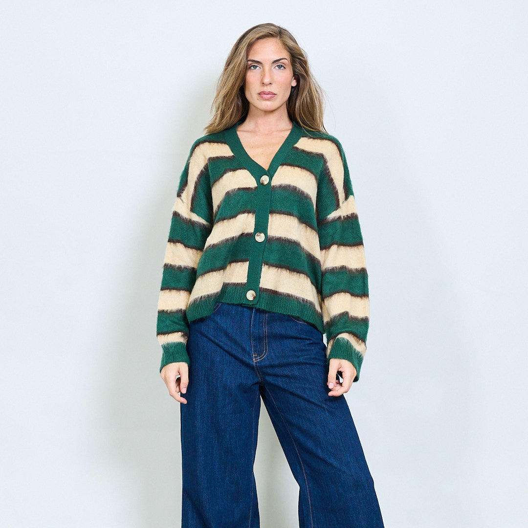 comfy vest acryl steep stripe groen green beige zand 