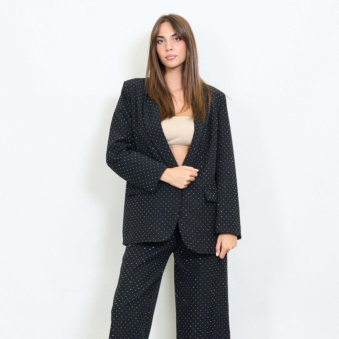 Set, zwarte blazer met broek rhinestone